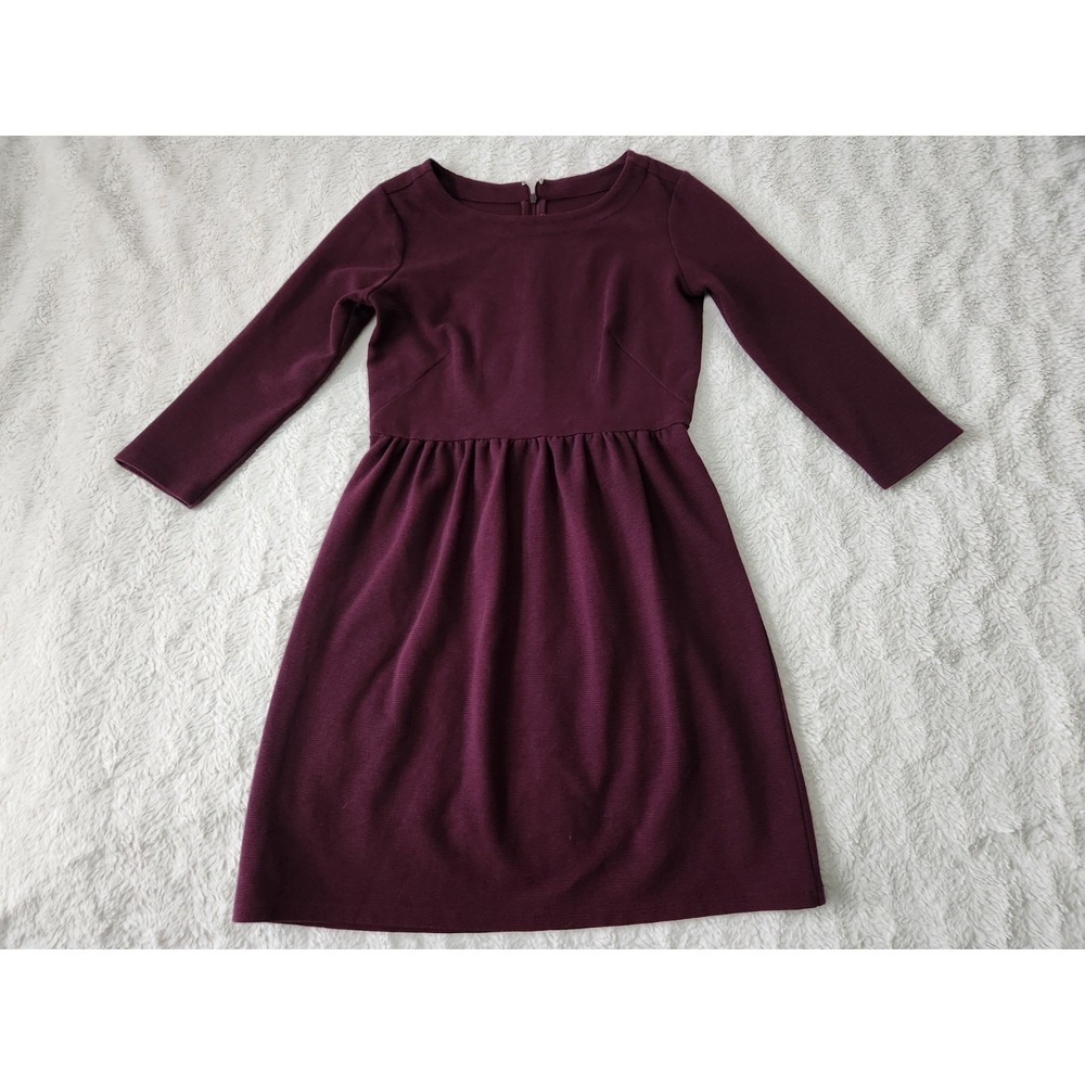 LOFT Petites Burgundy Maroon Ribbed Fit & Flare Dress Size 0P Long Sleeve